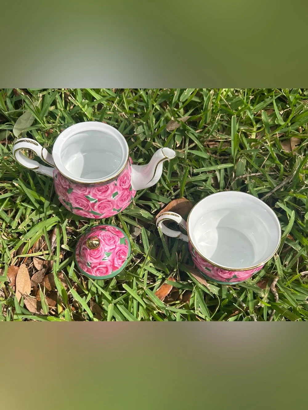 Ganz Rose Floral Pink Porcelain Teapot and Teacup Set for One
